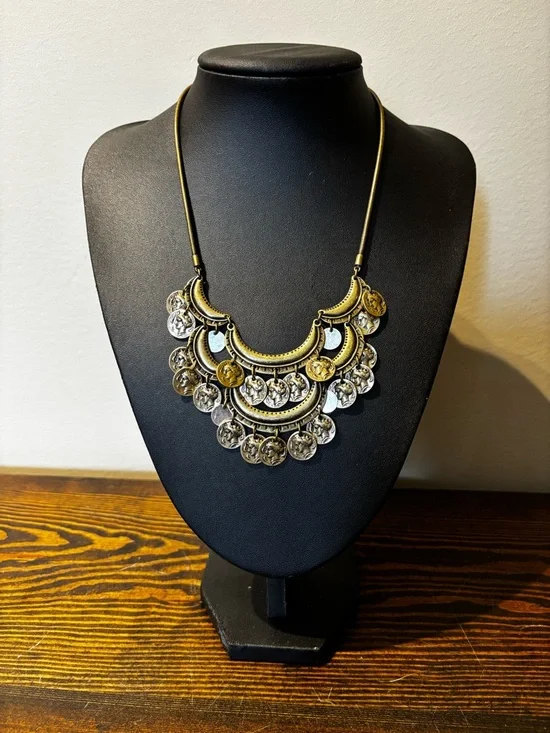 Jenny Bird Vintage-Style Coin Bib Statement Necklace – Antique Brass & Silver - Picture 3 of 14